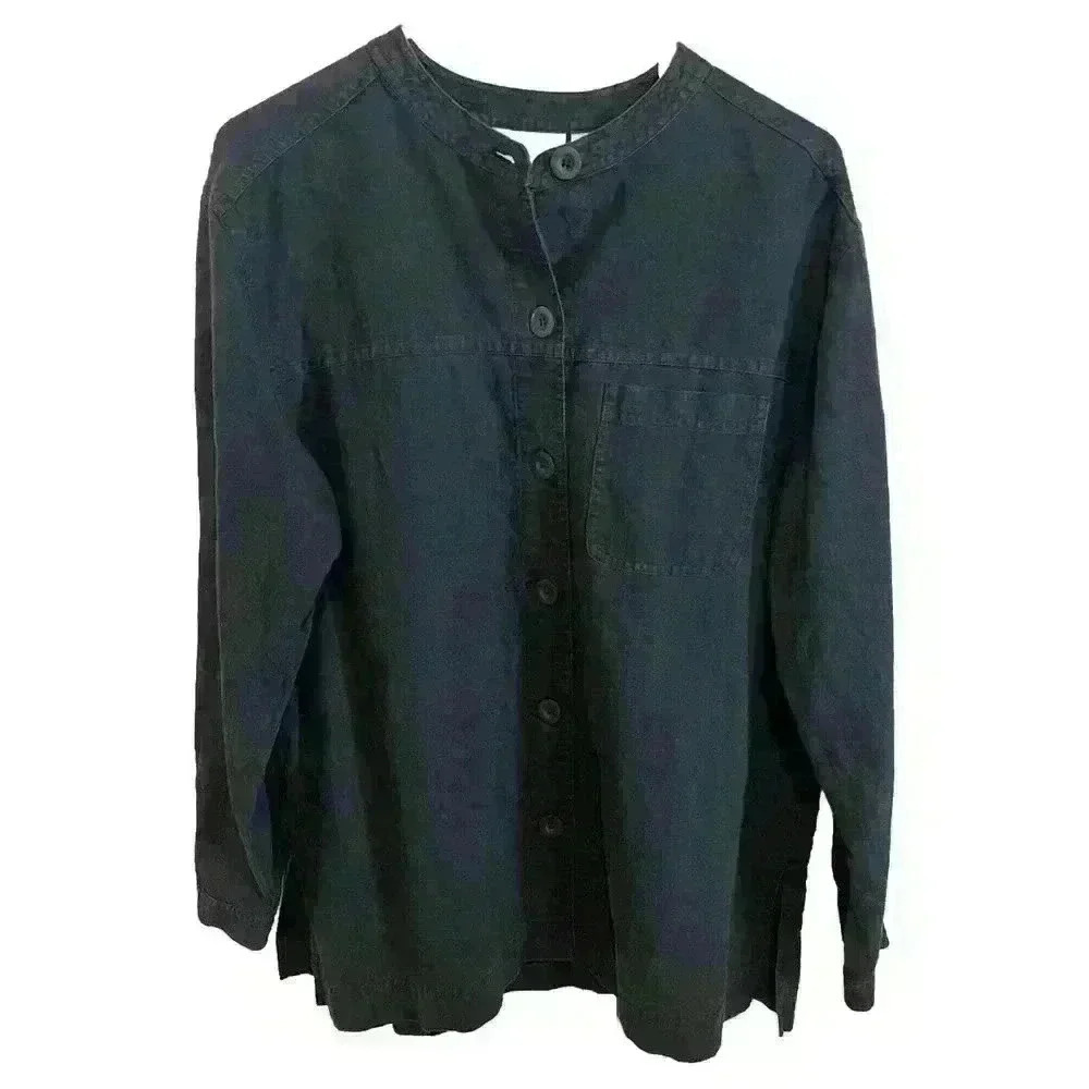 SUSAN BRISTOL Linen Blend Tunic Top Size 8 Button-Up Charcoal Pocket Classic